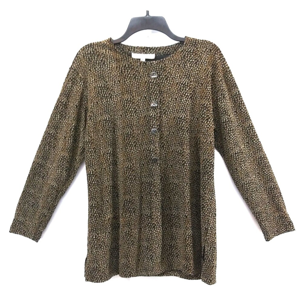 Stillman Studio Blouse Women Size L Brown Black 3 Button Accent Round Neck Top
